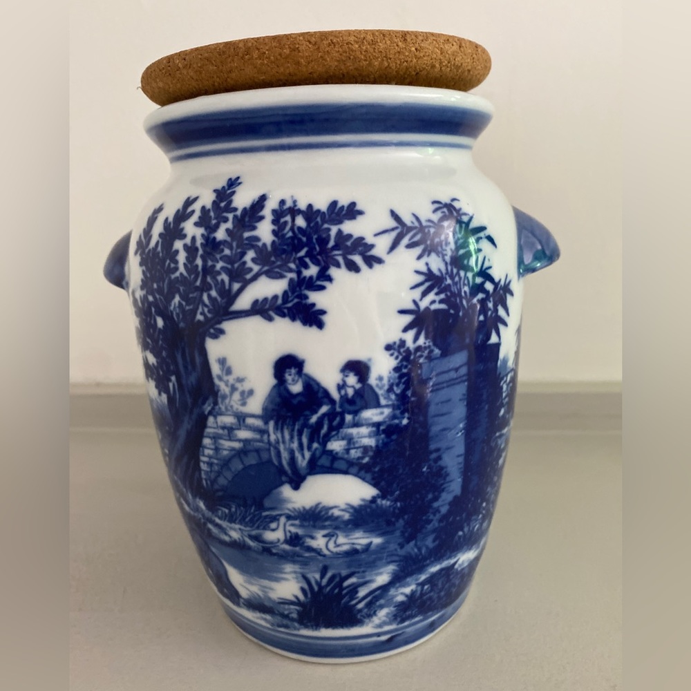 Vintage Reproduction Victoria Ware Ironstone Flow Blue Vase/Jar Toile Scenic